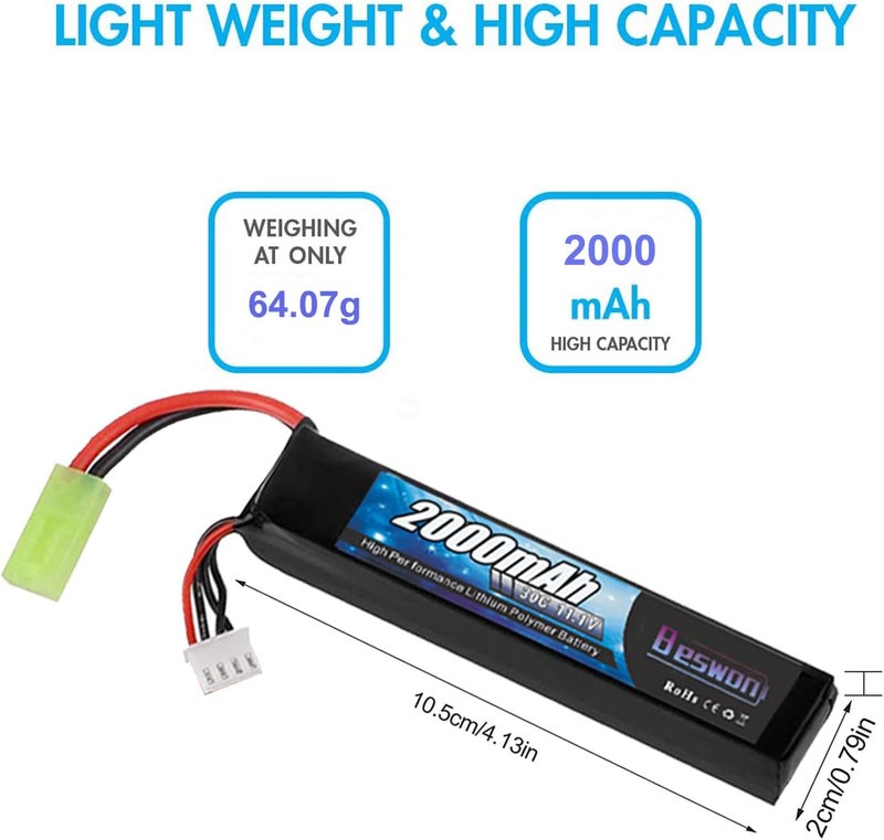 BESWON 2 Packs 11.1V Airsoft Battery 2000mAh 30C Rechargeable Lipo Battery Pack with 2S-3S Balance Charger for Airsoft Guns Rifle - Image 3
